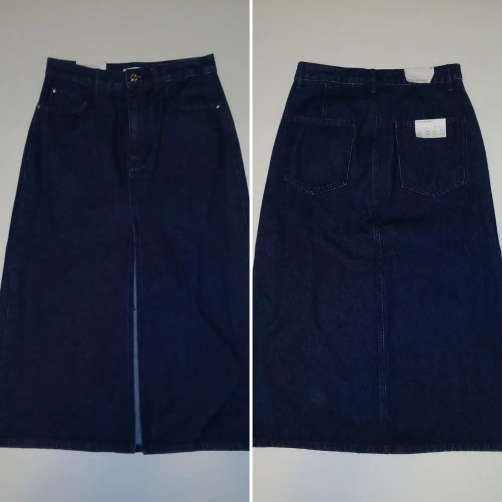 WeWoreWhat Denim Midi Skirt With Front Split, Cotton, Dark Blue Wash